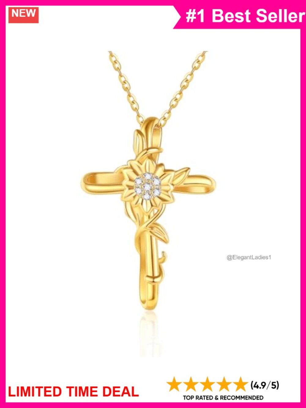 14k Real Gold Sunflower Cross Necklace CZ Pendant Christian Jewelry Gift for
